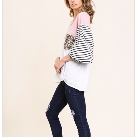 Colorblock Long Puff Sleeve Round Neck Top - Picture 2 of 4